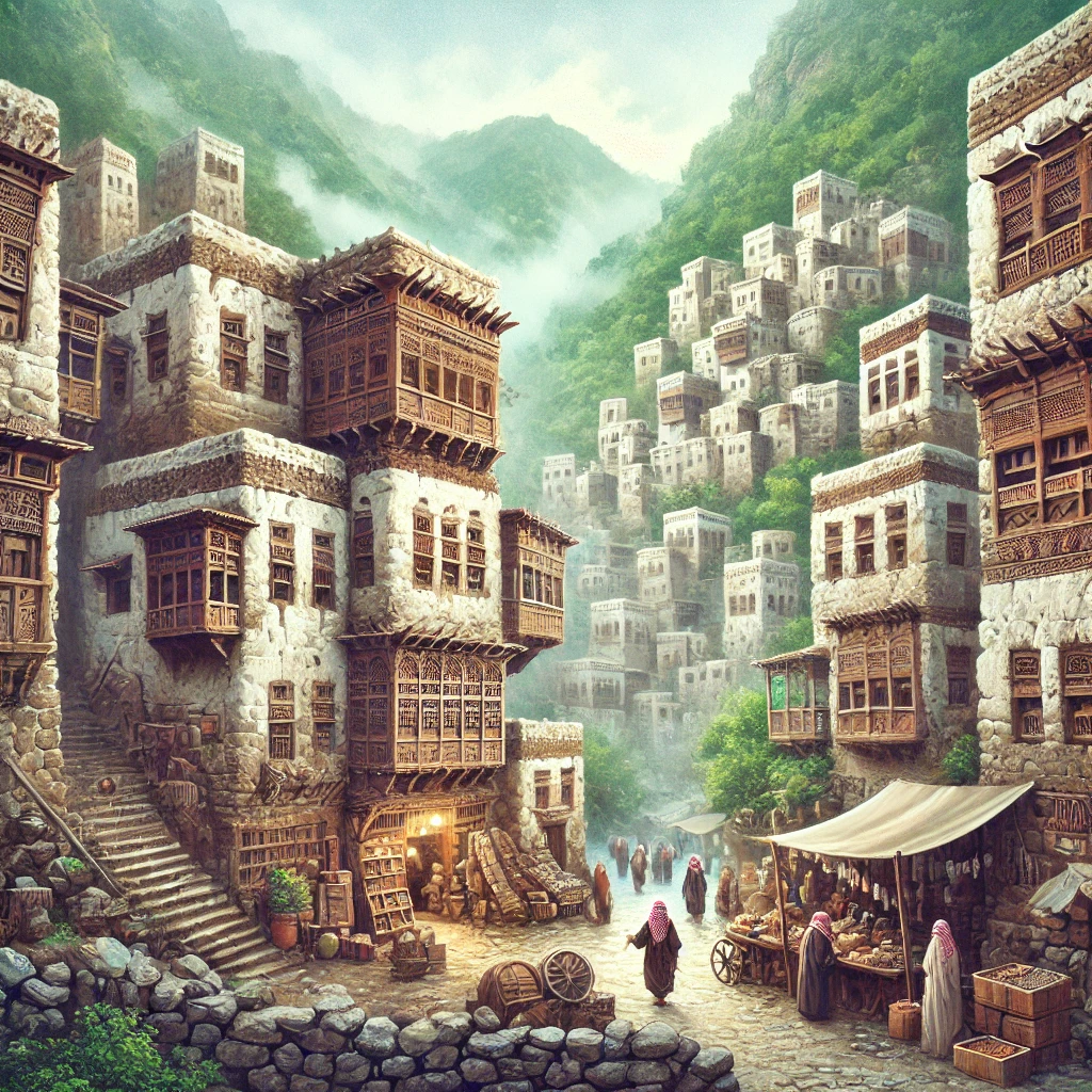 DALL·E 2025-01-30 12.35.17 - An illustration of a traditional ancient city in Asir, Saudi Arabia. The scene depicts old stone houses, built with natural materials like rocks and w