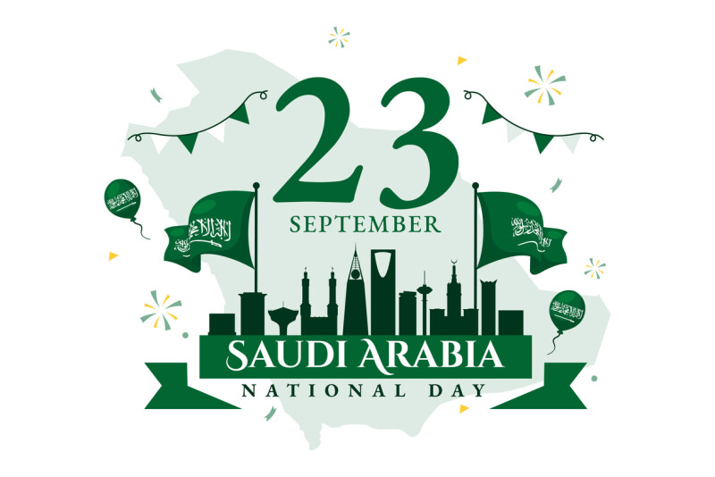 National Day of Saudi Arabia on 23rd September with Kingdom of Saudi Arabia Flag and Cityscape in Flat Background Vector Illustration