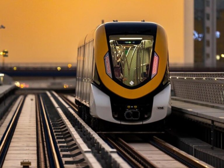 A train is pictured on the Riyadh Metro.