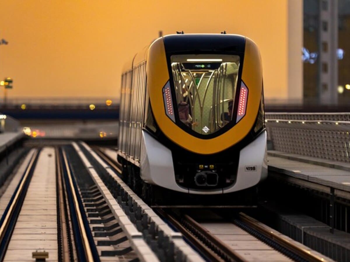 A train is pictured on the Riyadh Metro.